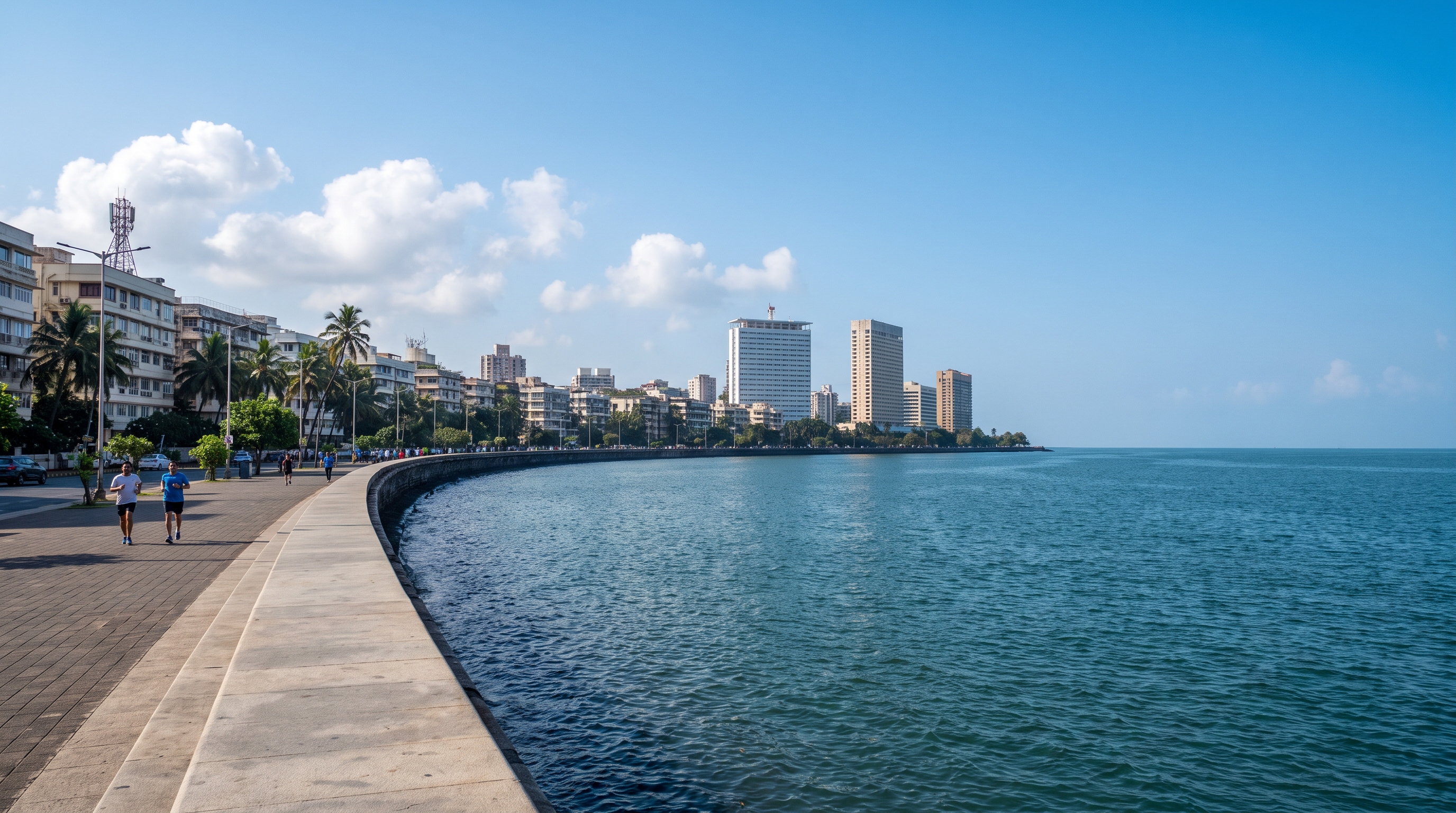 Marine Drive — Mumbai's Queen's Necklace — curving along the Arabian Sea under a bright morning sky.