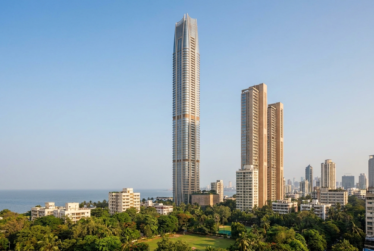 Lodha World One rising over Upper Worli against a clear sky.