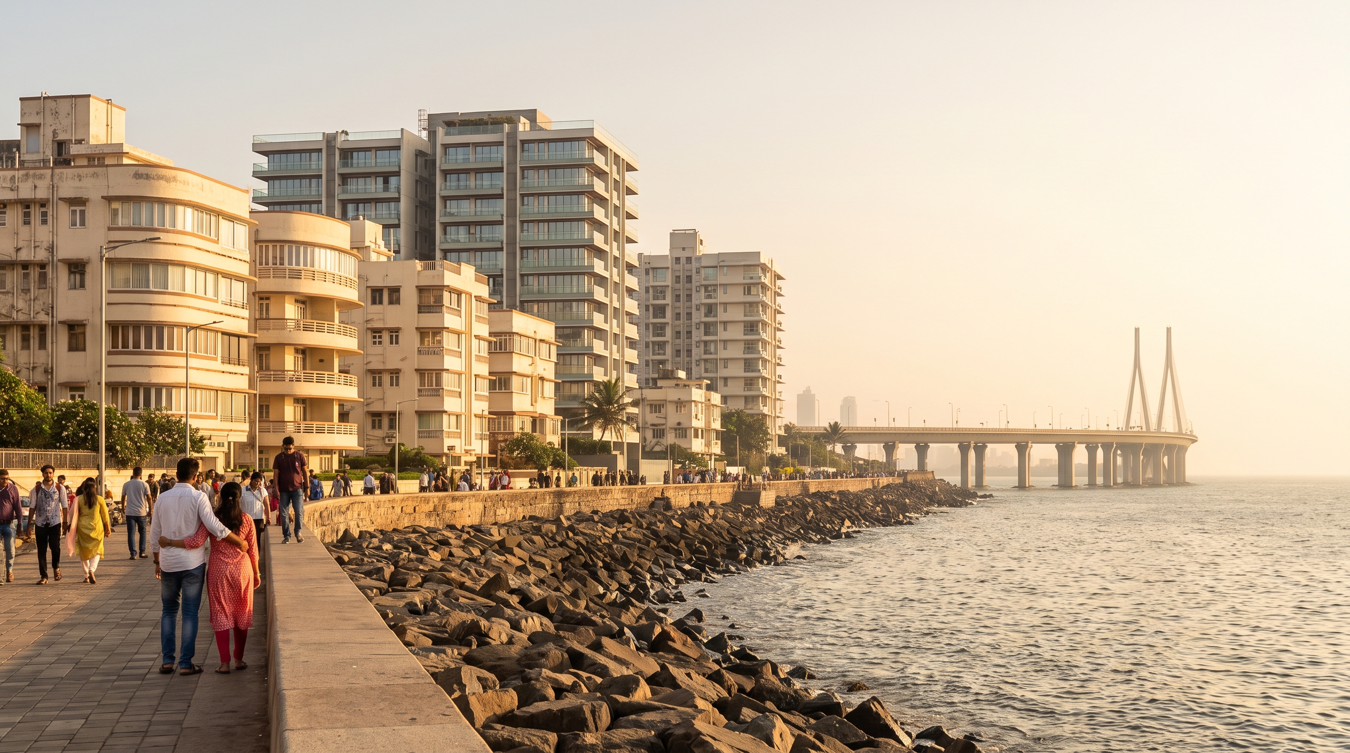 Bandra's Bandstand seafront and the Bandra-Worli Sea Link at golden hour, Mumbai.