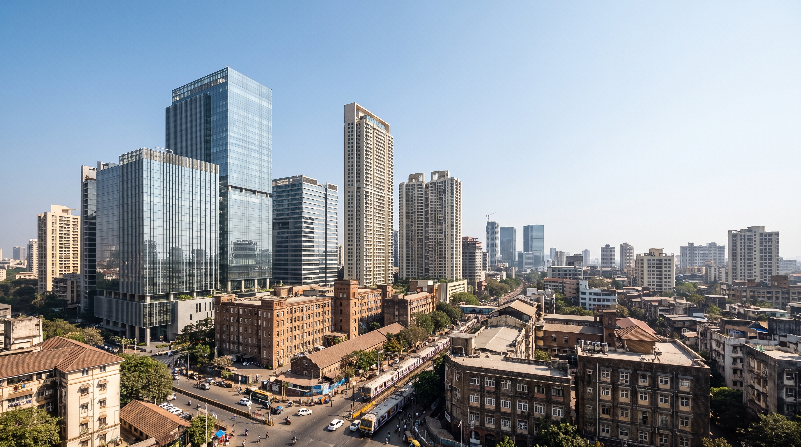 The Lower Parel skyline of glass towers rising from the old mill district, Mumbai.
