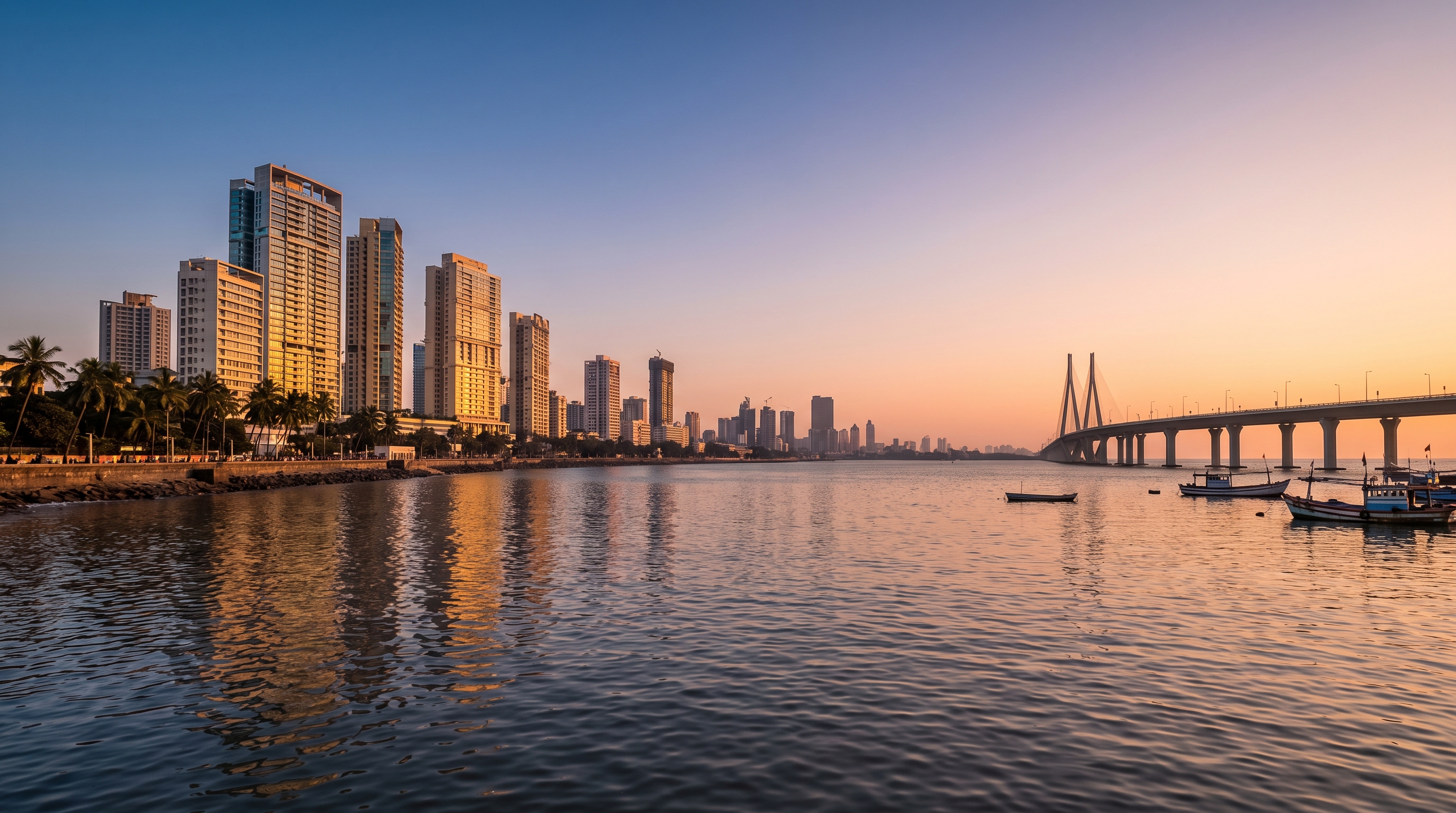 The Worli skyline at dusk from Rustomjee Crown.