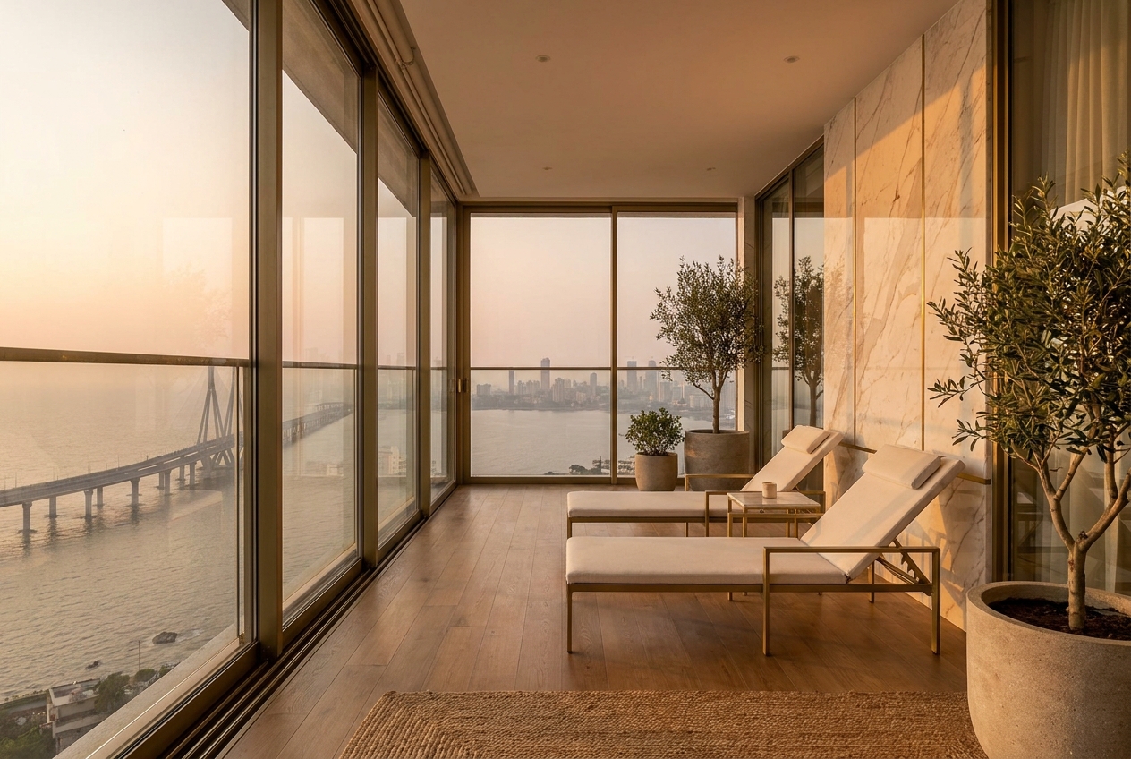 A sea-facing balcony in Worli at golden hour.